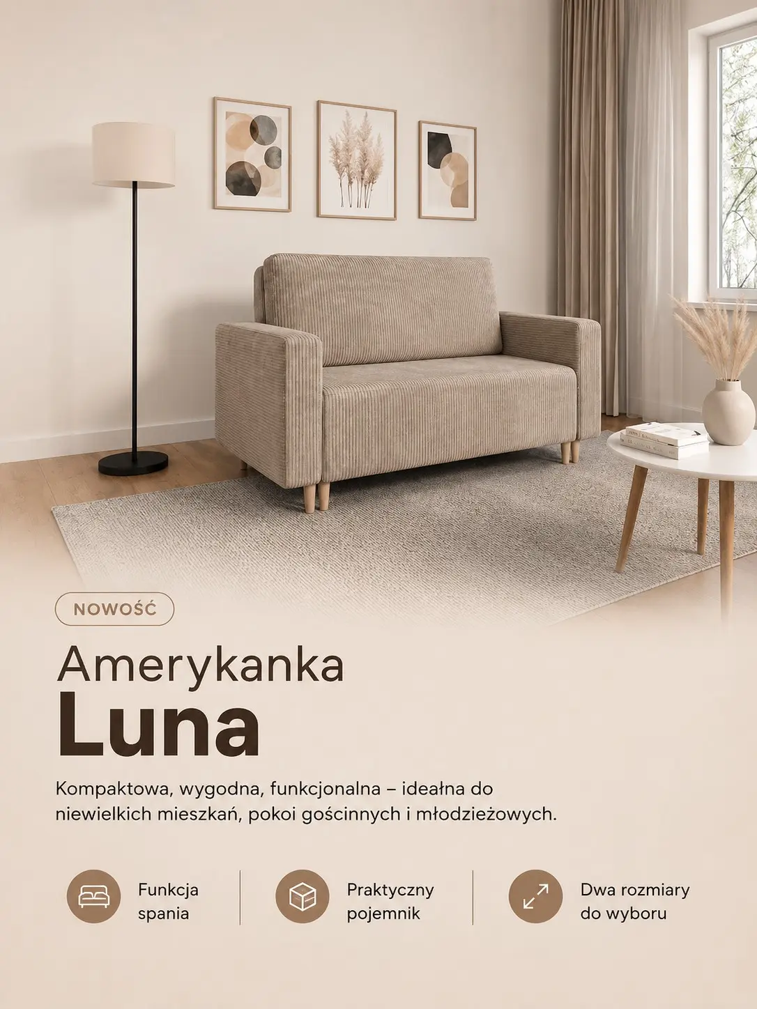 Nowoczesna sofa amerykanka Luna z funkcją spania i szybką dostawą
